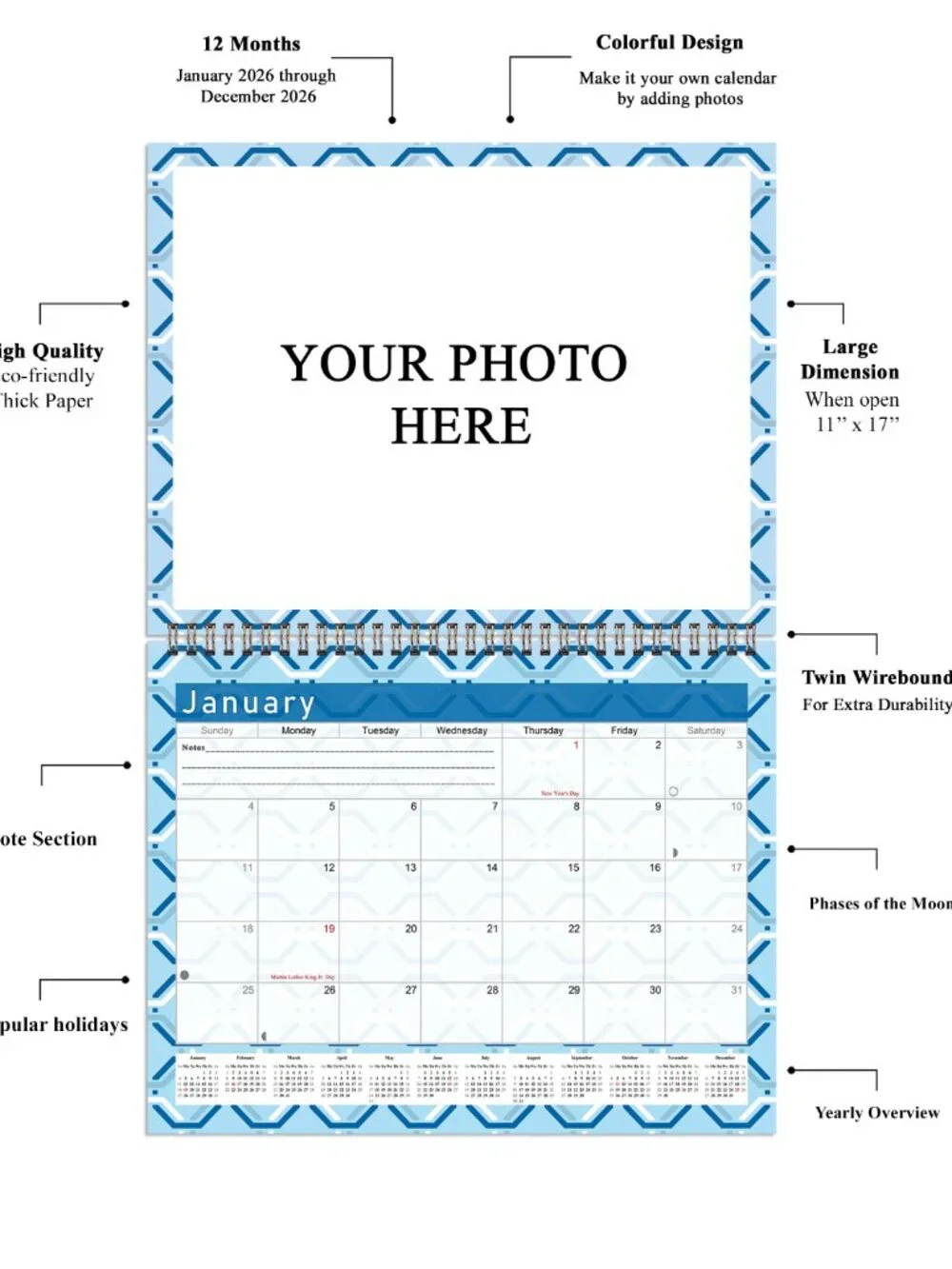 Personalized Custom 2027 Wall Calendar Spiral-bound - 12 Months. 11 x 8in. #04